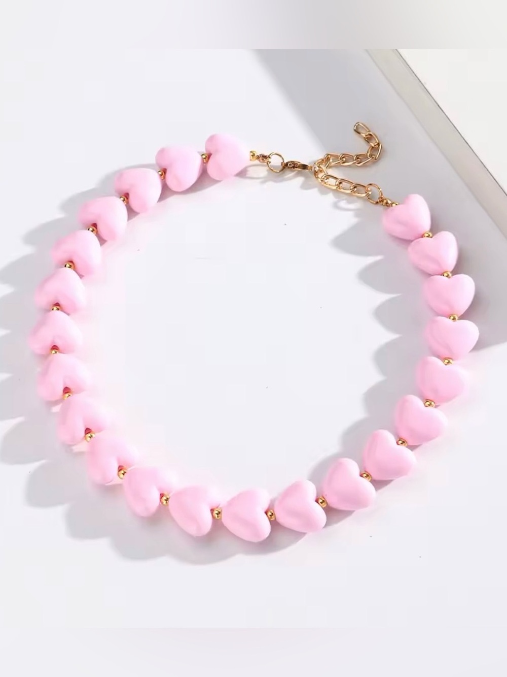 Delicate Pink Heart Bead Necklace with Gold Accents - Picture 1 of 5